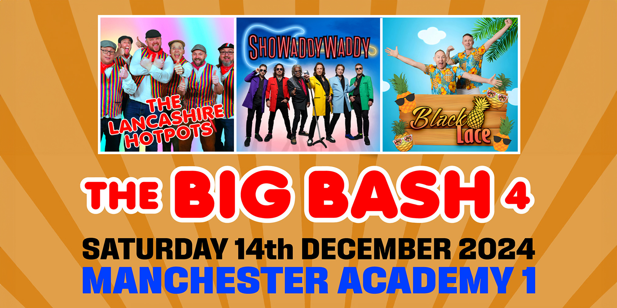 Big Bash 4 promotional image featuring The Lancashire Hotpots, Showaddywaddy and Black Lace